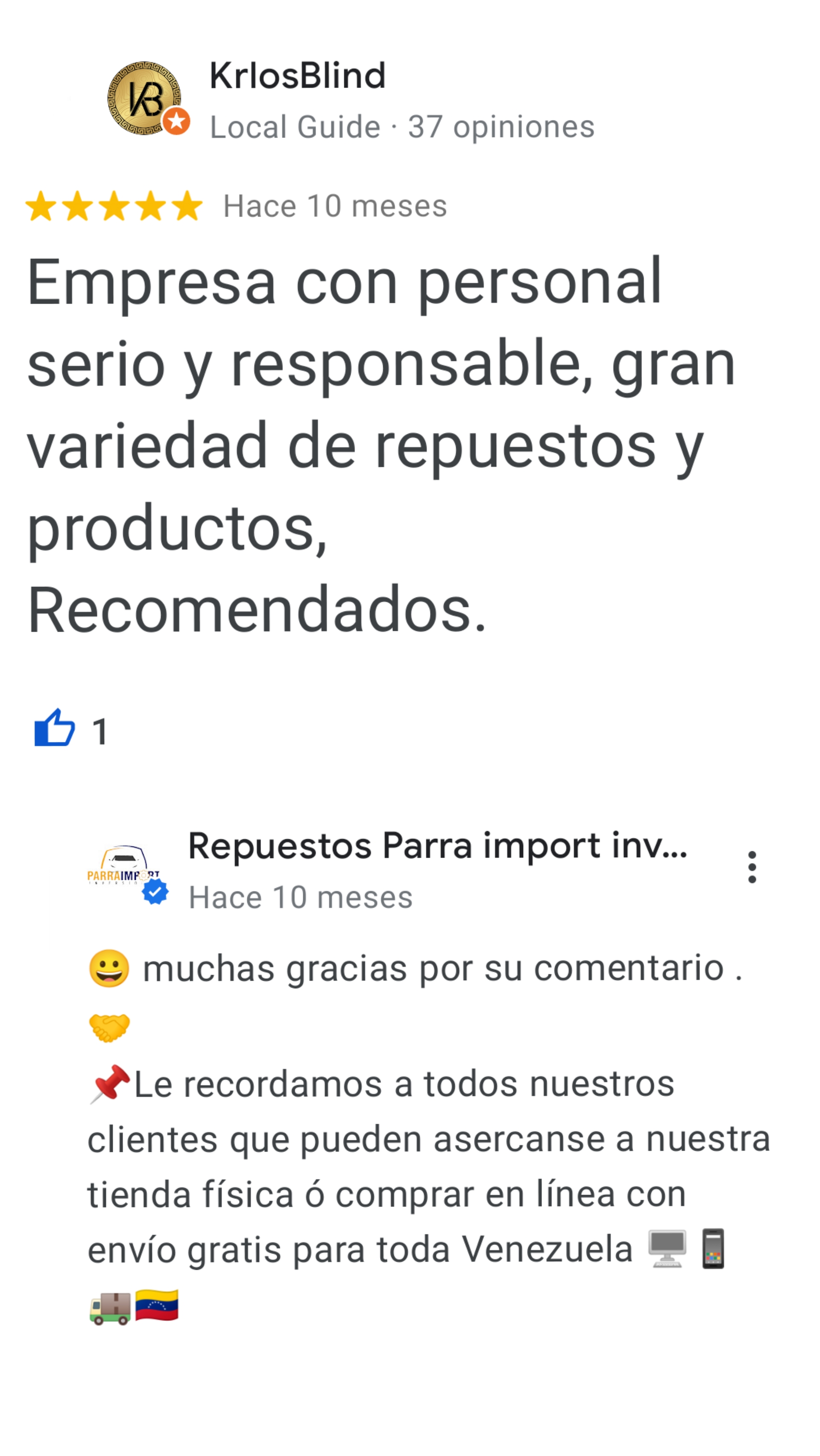 comentario y Testimonio de cliente  de clientes de parra import inversiones